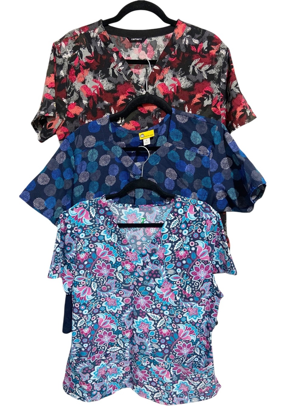 Lot of 3 Scrub Tops Womens Large Short Sleeve Nursing Medical Uniform Shirts